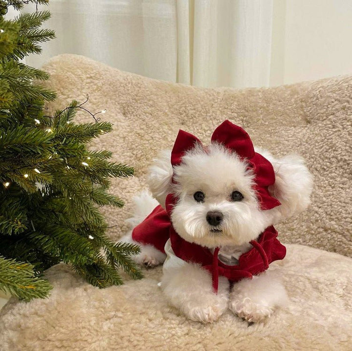 Full view of a dog princess dress set, featuring a matching collar bow for a complete pet ensemble.