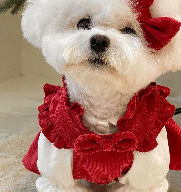 Fashionable dog princess dress with multiple bows and a flowing skirt, suitable for small dog apparel.