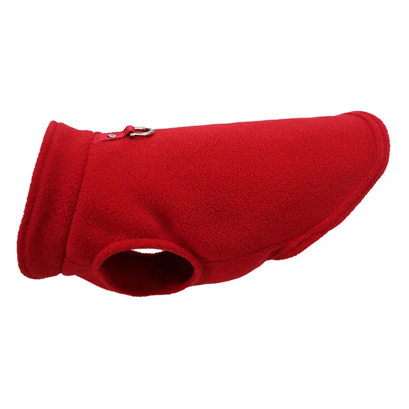 Winter pet dog coat; red thermal fleece jacket with D-ring for small breeds