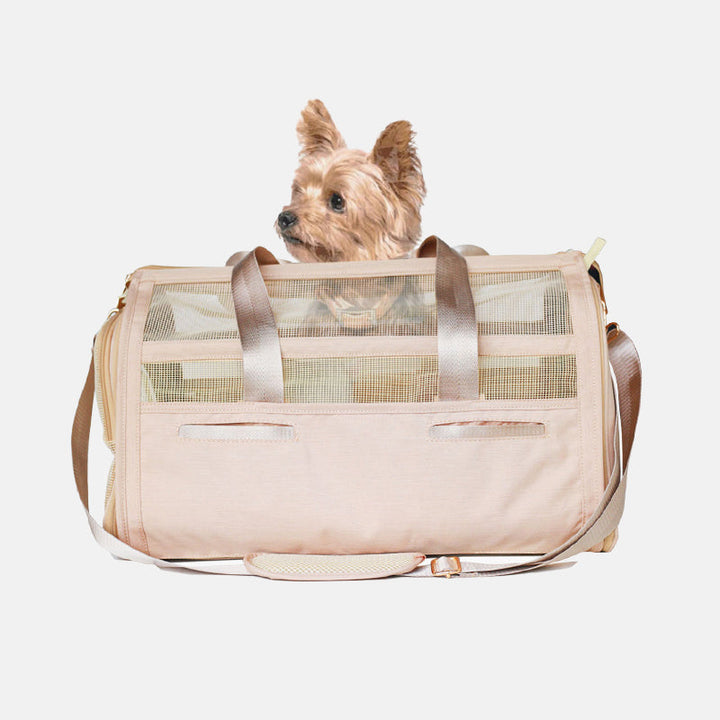 Small dog mesh travel bag, soft-sided pet carrier featuring a safety hook for secure transport