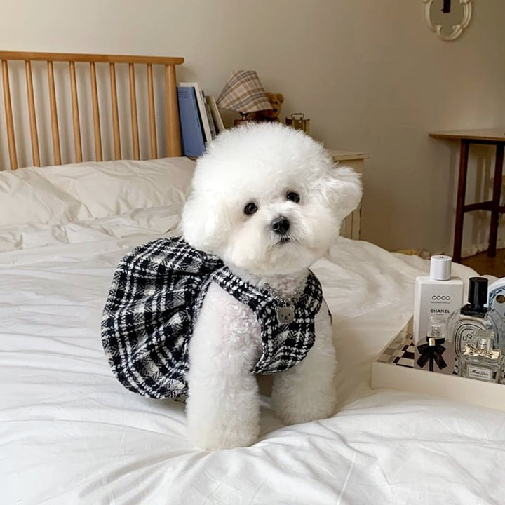 Chic houndstooth dog dress with a fluffy skirt and bow, perfect for small dogs and autumn pet fashion