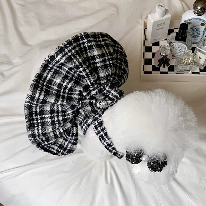 Full view of a dog houndstooth princess dress, black and white pattern, pet clothing, winter dog fashion