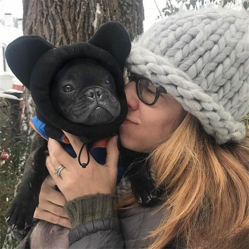 Dog apparel: Brown bear ear fleece hood on a dog, ideal for winter fashion and keeping pets warm.