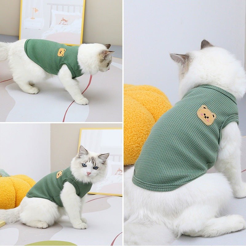 Rear view of a dog wearing a well-fitting waffle dog vest, showing back coverage and warmth.