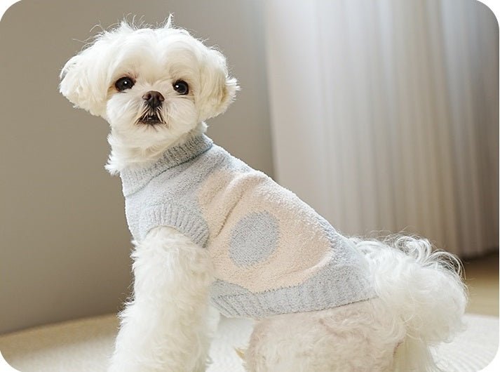 Close-up of a warm, soft material dog fleece sweater, ideal pet clothing for small dogs.