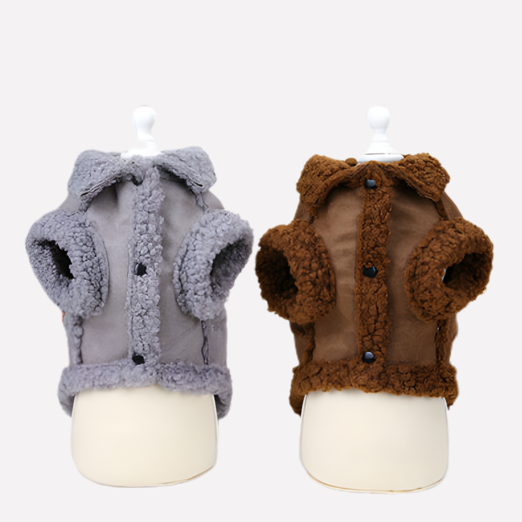 Back view of a dog's shearling jacket, showcasing the durable pet clothing design