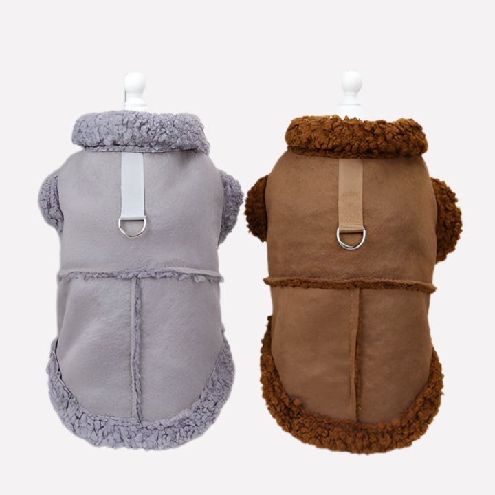Brown shearling winter jacket for dogs, a warm and fashionable pet accessory for cold days