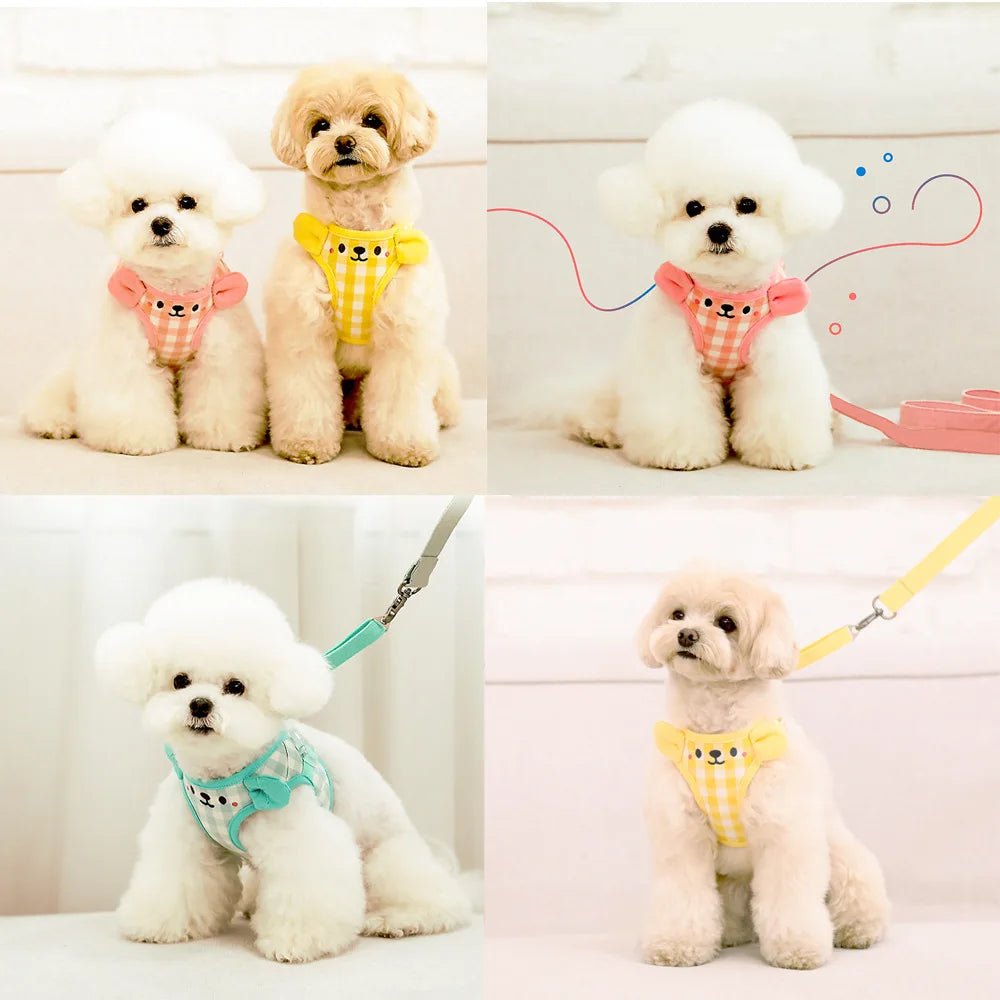 Dog adjustable tank top harness in three colors (blue, red, black) on a white background, pet supplies.