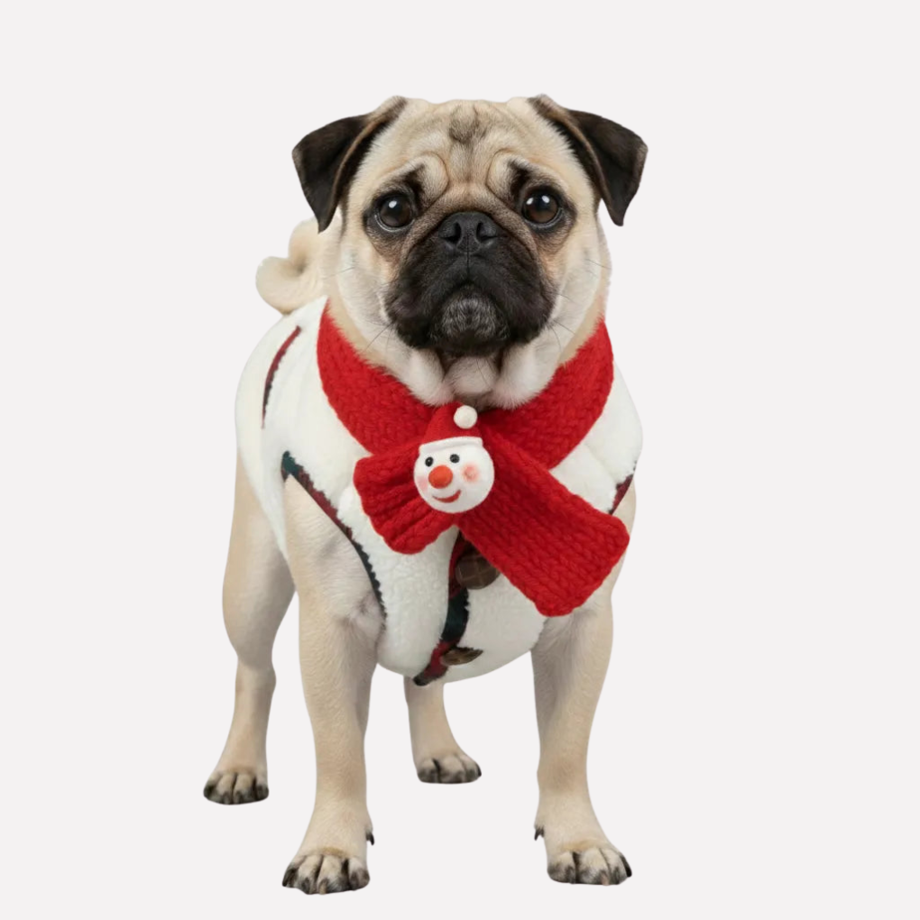 Small dog wearing red and black plaid winter jacket with matching scarf, fleece-lined for warmth