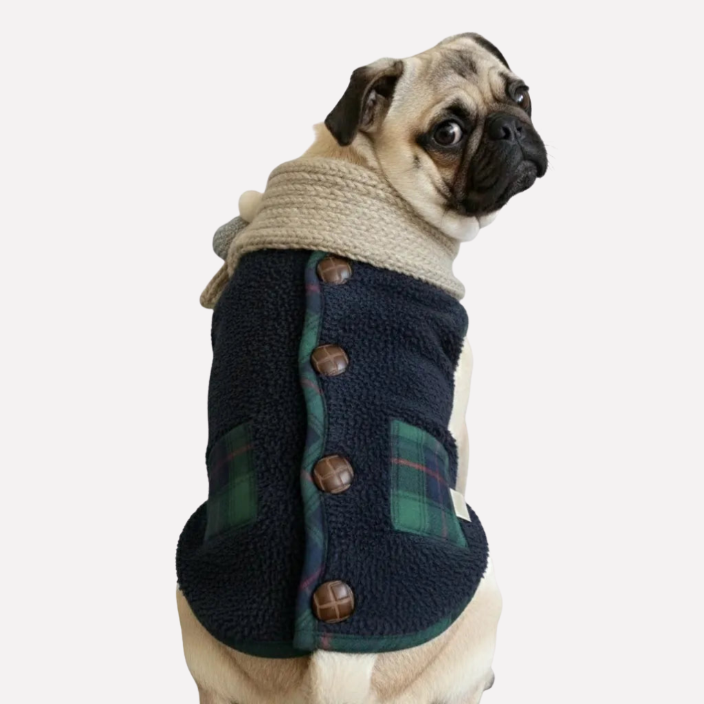 Close-up of a small dog in a new red plaid winter jacket, showing fleece lining detail