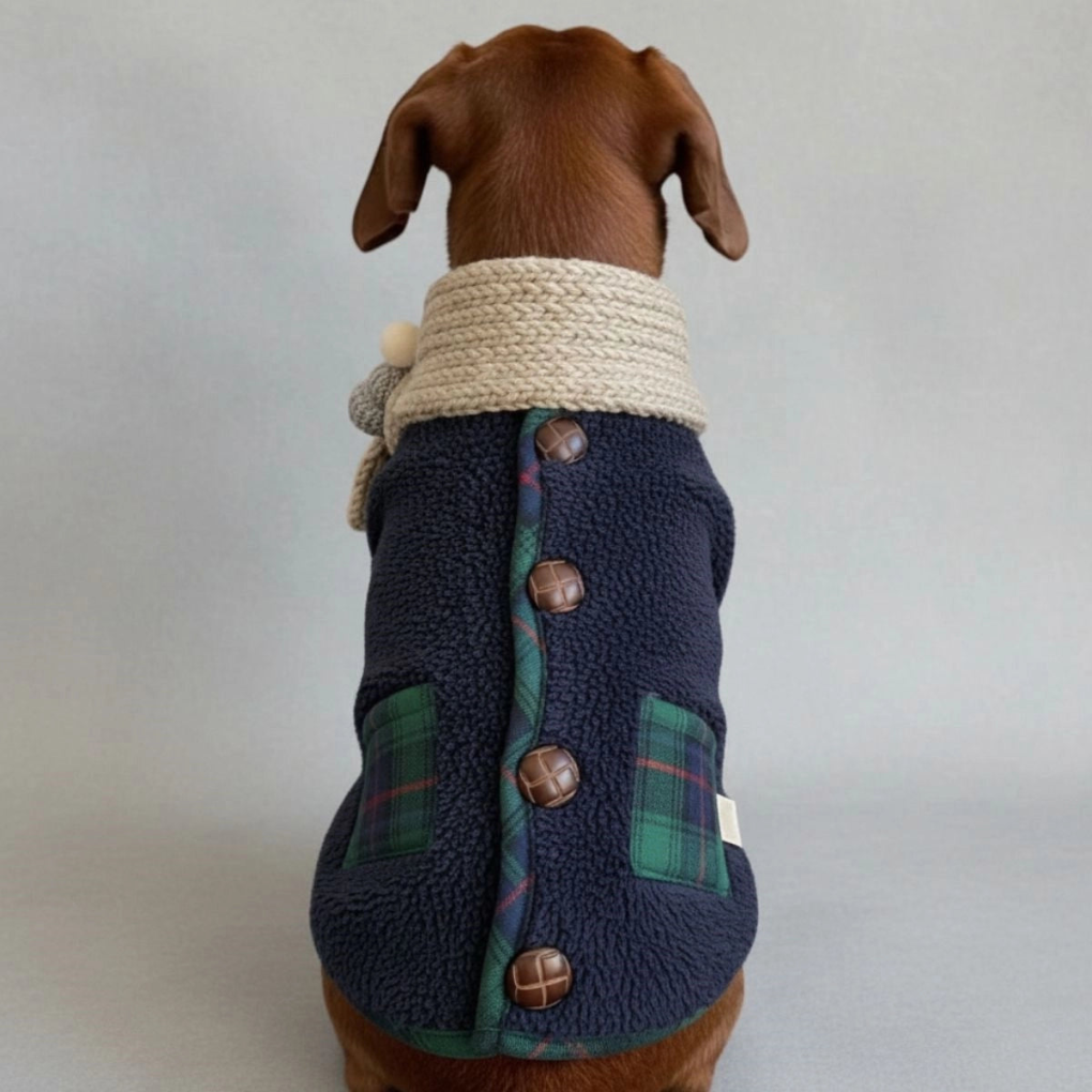 Side profile of a joyful small dog wearing a festive plaid winter coat and scarf