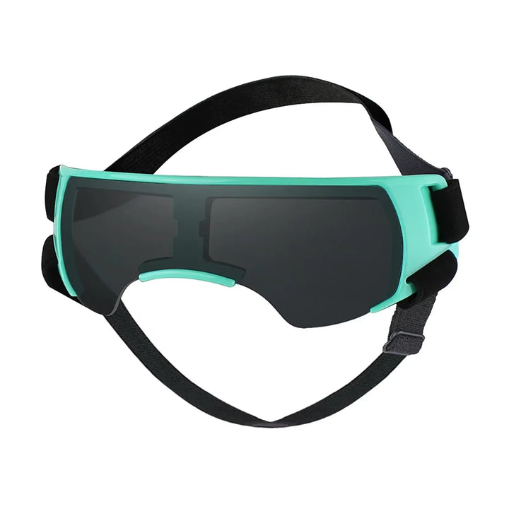 A pair of small dog UV protective pet sunglasses, black, with adjustable elastic strap for eye protection.