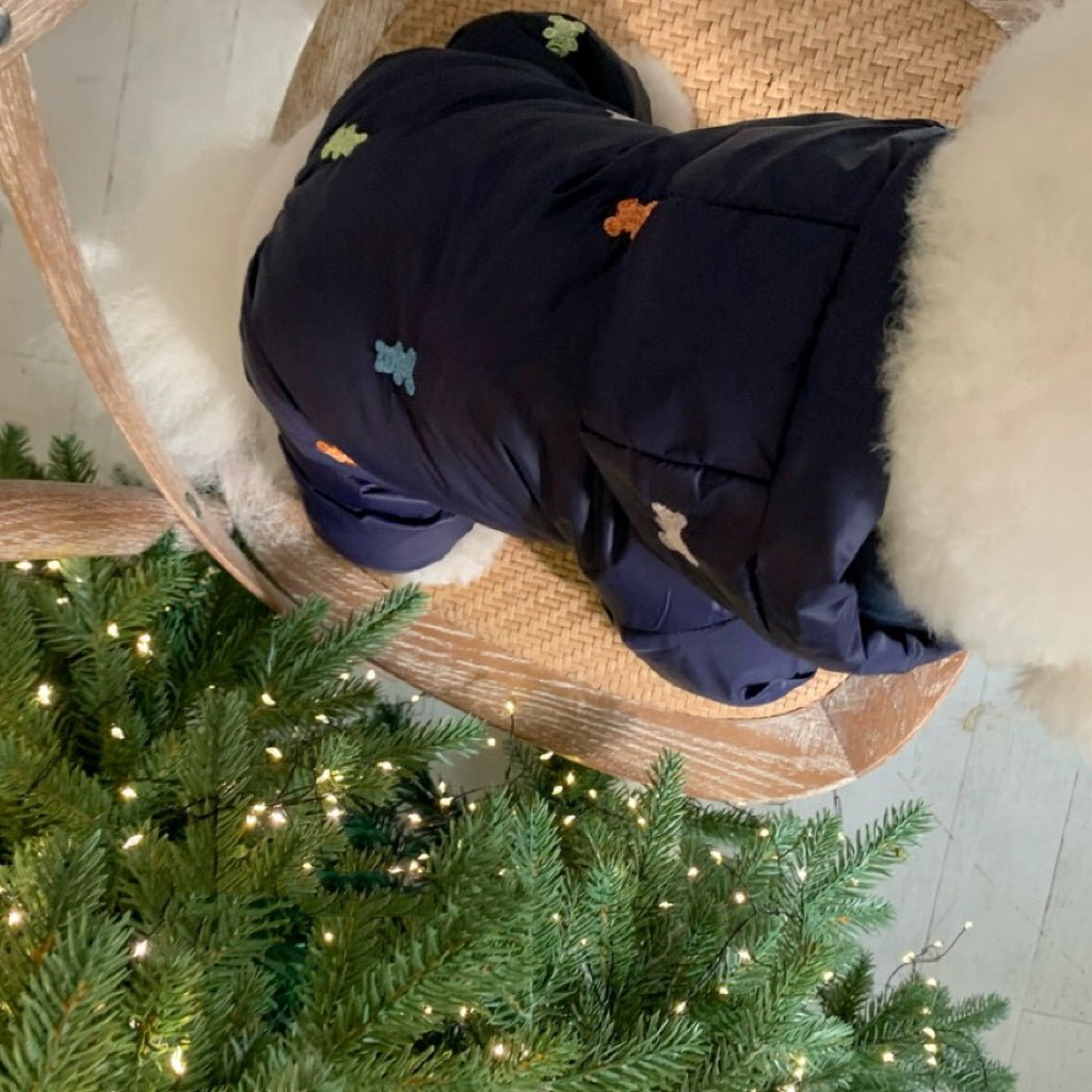 Fashionable dog winter jacket, full-body jumpsuit with charming bear design for pets.