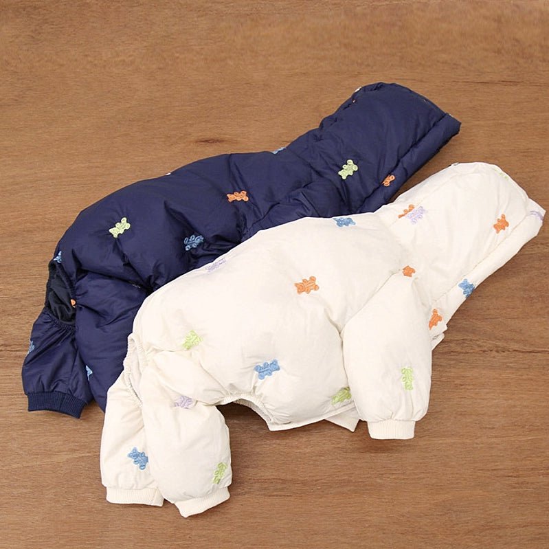 Cozy pet jumpsuit with bear pattern, perfect winter dog clothing for chilly days.