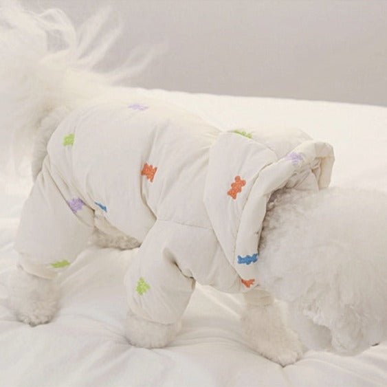 Back view of a dog winter jumpsuit jacket with bear print, ensuring warm dog coat.