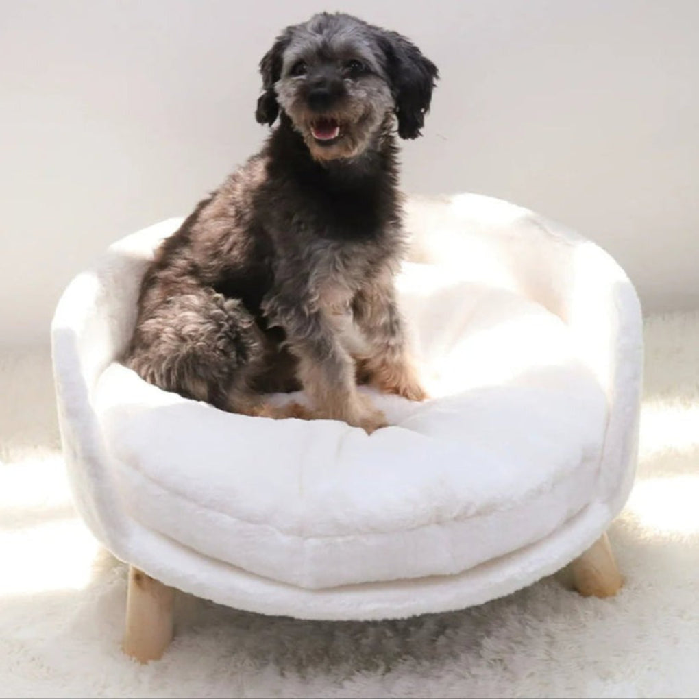 Small elevated round plush pet bed with modern wooden legs, perfect for cats or small dogs.