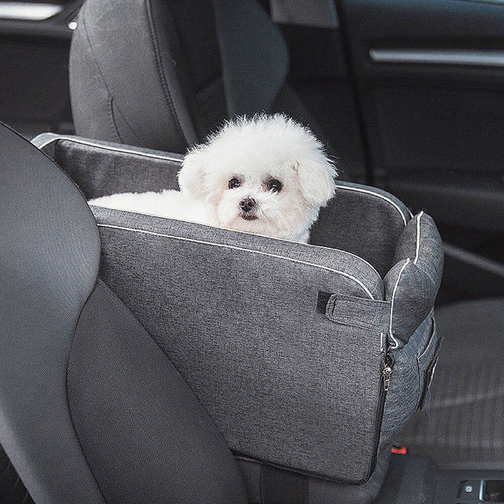 Console pet lookout dog car seat in grey suede, ensuring comfort and safety for small dogs.
