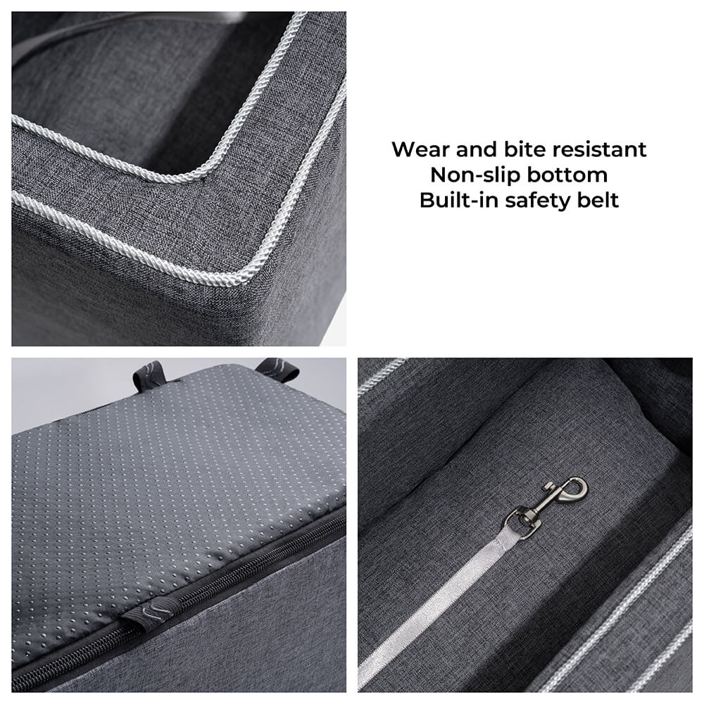 Front view of grey suede small dog car seat, designed as a car accessory for pet travel.