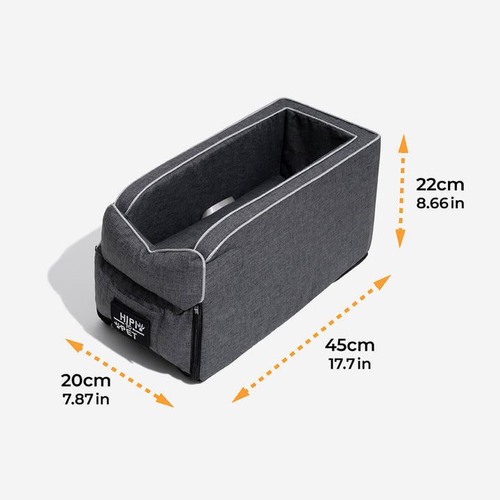 Top view of grey suede console dog car seat, highlighting soft material for small pets.