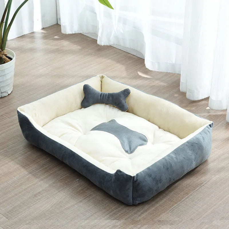Elegant small pet calming bed with a high raised edge and bone pillow, blending with home decor.