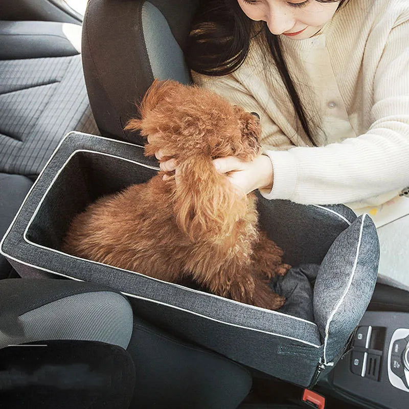 Pet car seat carrier with safety belt attachment for secure small dog travel
