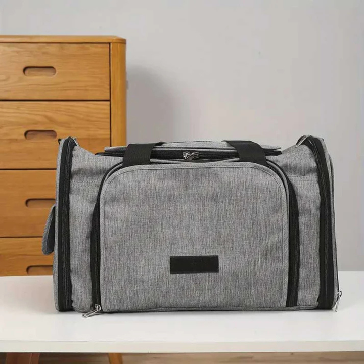 Small pet carrier, airline approved for travel, featuring breathable mesh and top handle for cats or dogs.