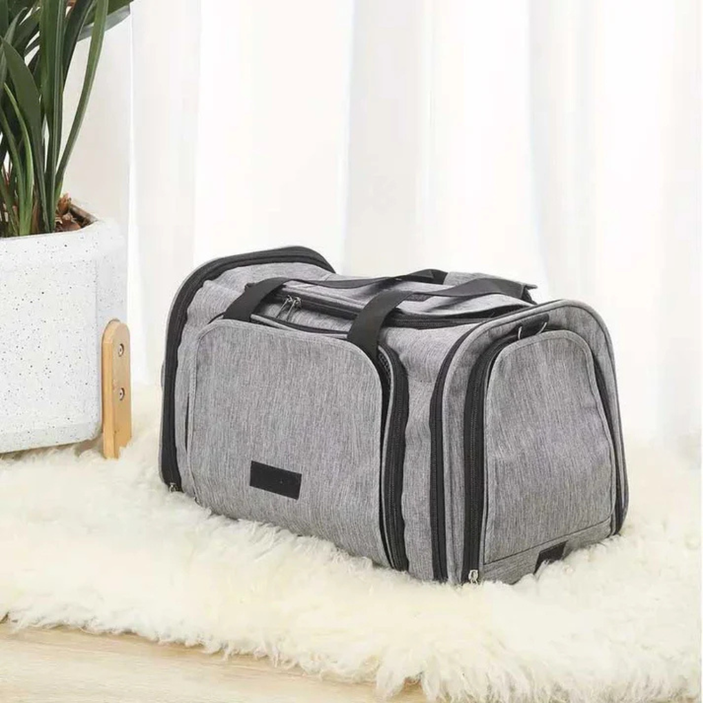 Portable pet carrier with soft bedding, shoulder strap, and secure zippers for small animals like puppies or kittens.
