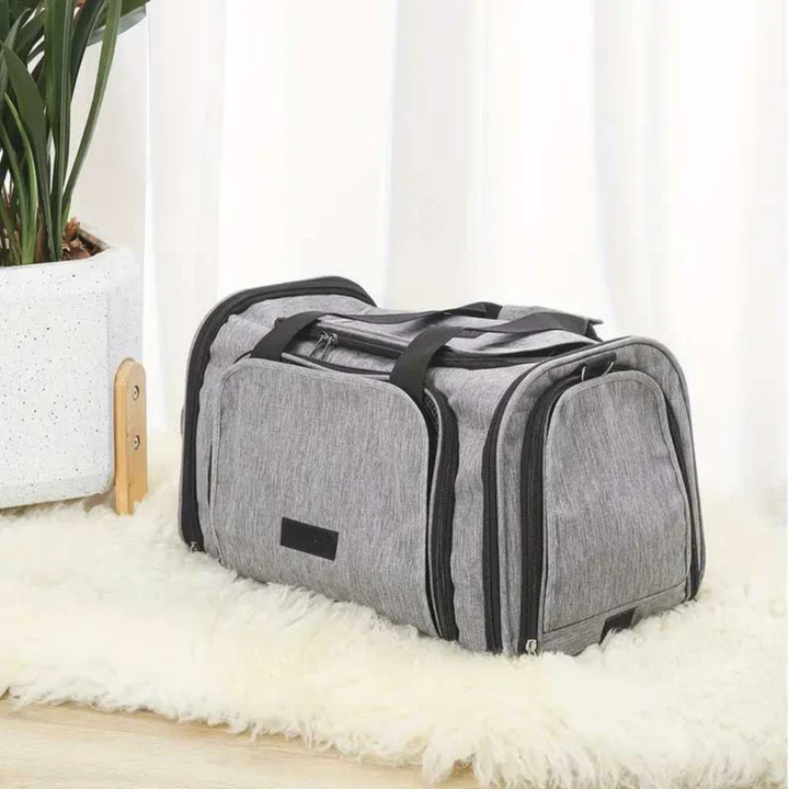 Portable pet carrier with soft bedding, shoulder strap, and secure zippers for small animals like puppies or kittens.