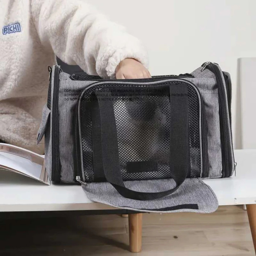 Durable pet carrier for small animals, ideal for travel, with ample ventilation and a cozy interior.