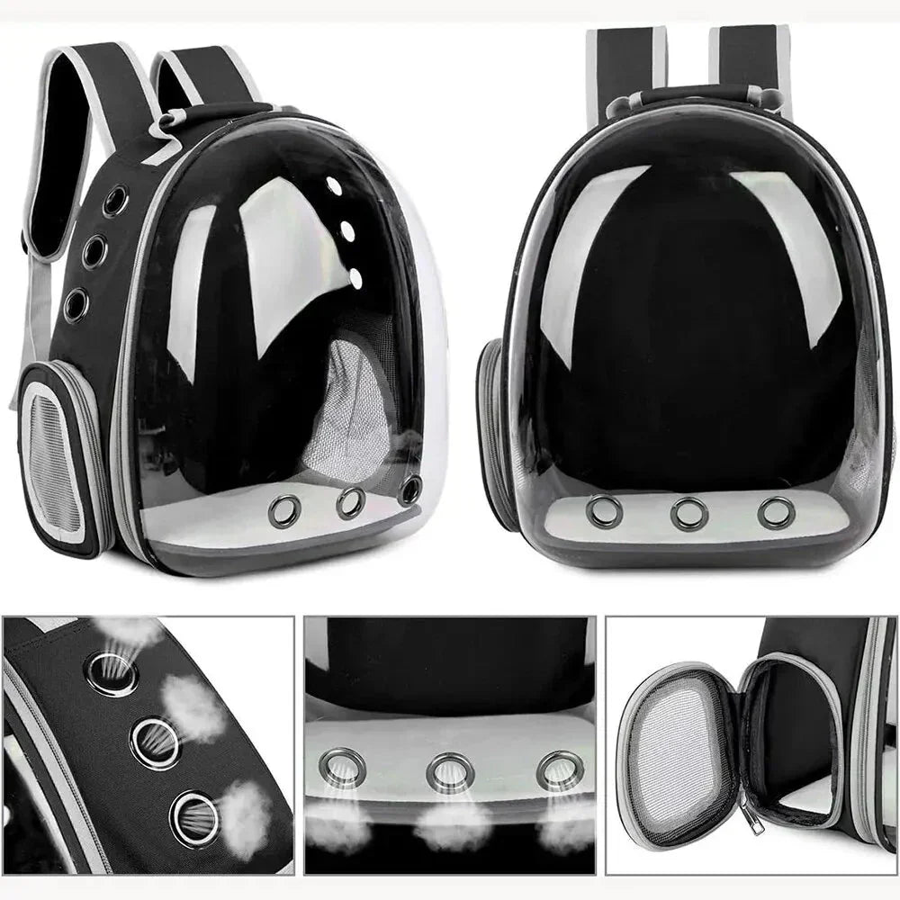 Side view of a durable pet carrier travel bag, perfect for car trips with a cat or small dog.