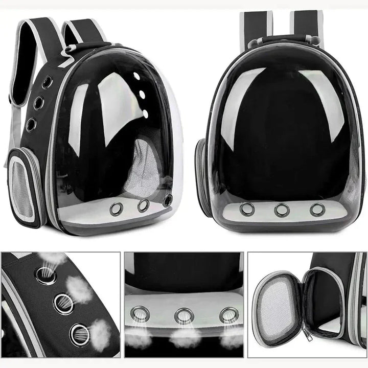 Side view of a durable pet carrier travel bag, perfect for car trips with a cat or small dog.