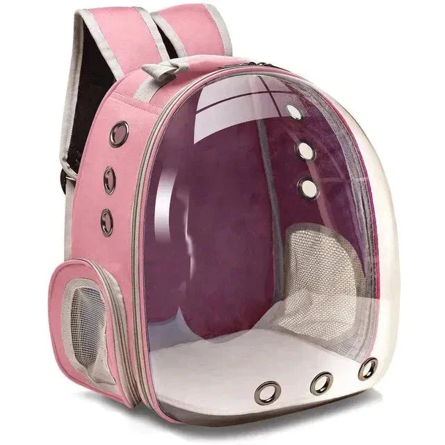 Transparent pet travel bag backpack, allows small animals to view surroundings while in a car.