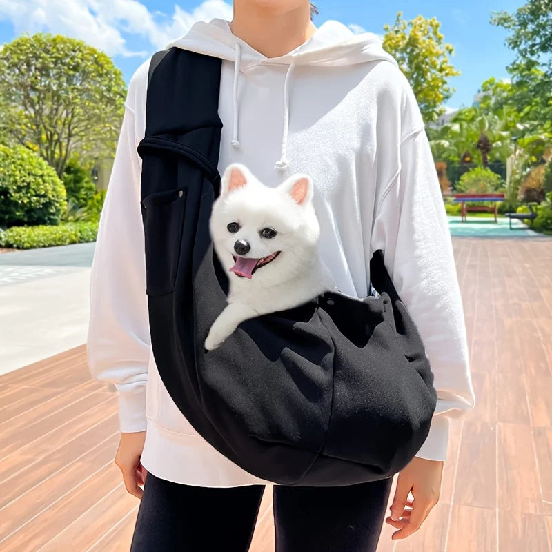 Small pet carrying sling for cats & dogs, comfortable grey shoulder bag for travel.