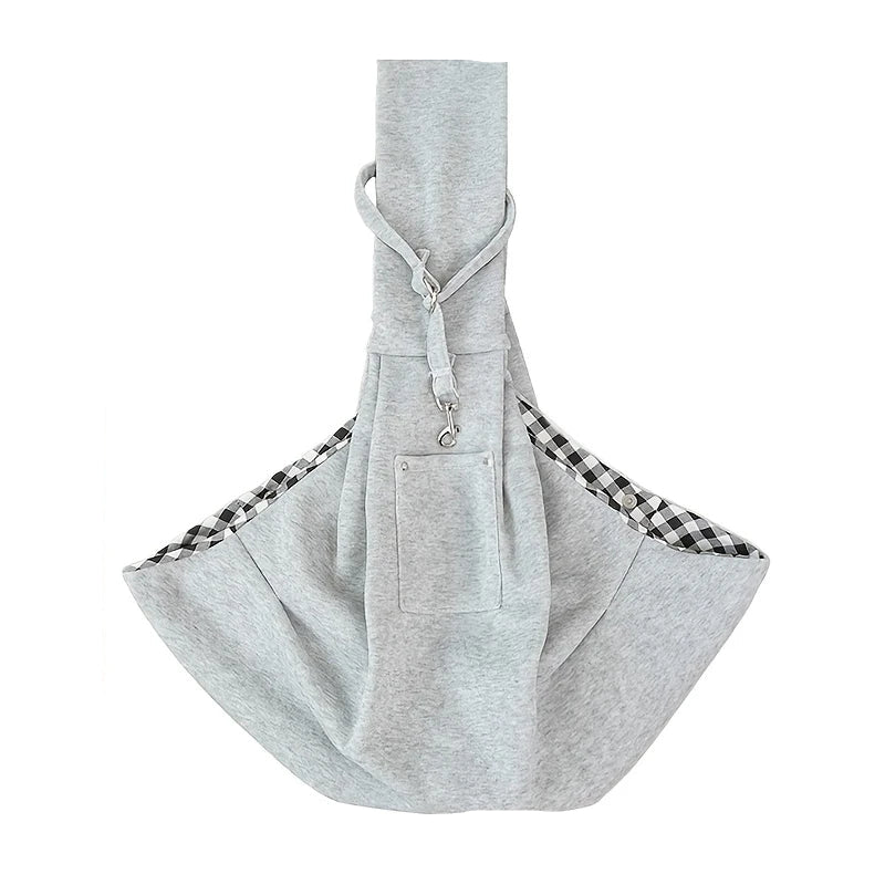 Grey pet carrying sling, dog & cat shoulder bag for puppies & kittens.