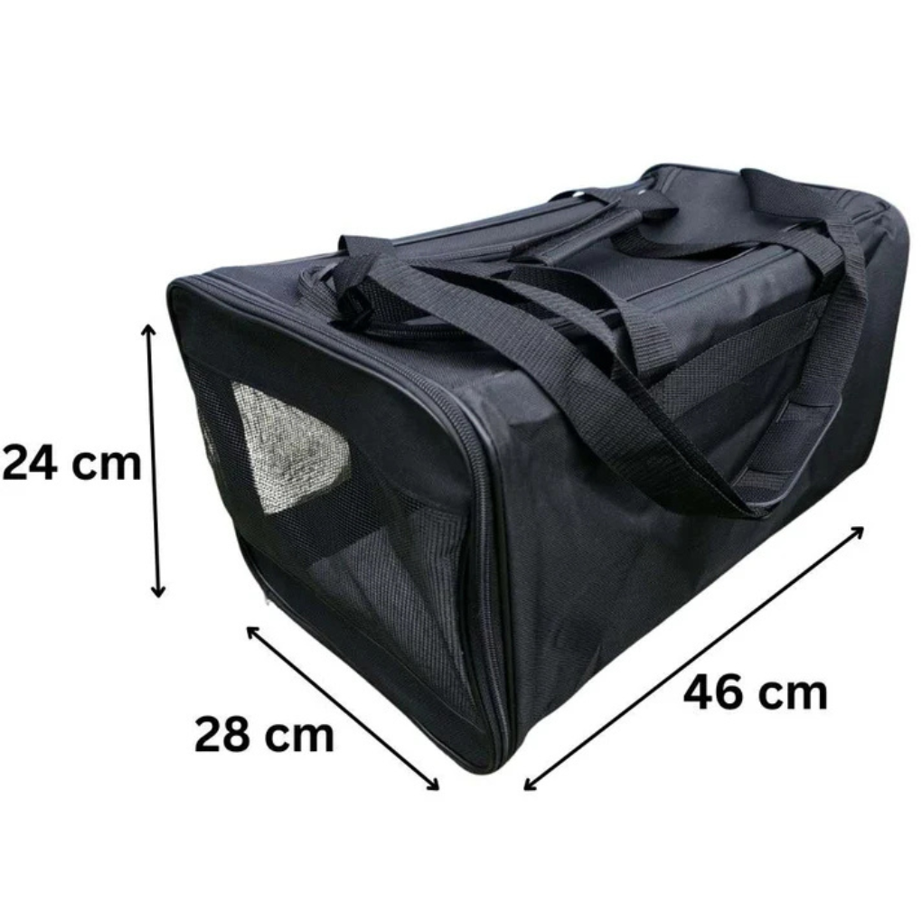 Compact small pet carrier for air cabin travel, black with shoulder strap, ensuring pet safety and comfort.