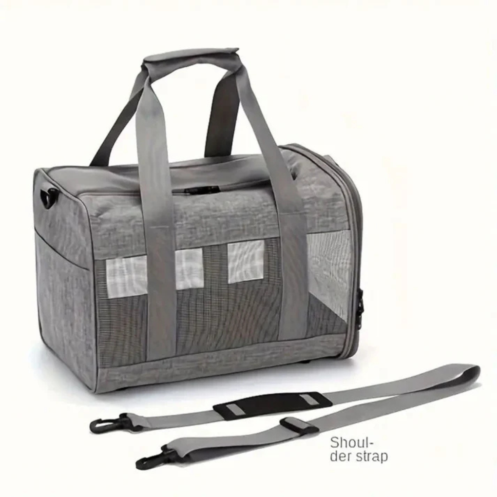 Ventilated pet carrier for air travel, suitable for small pets, ensuring their comfort during transportation