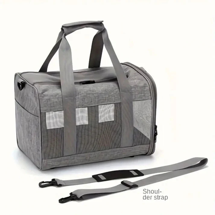 Ventilated pet carrier for air travel, suitable for small pets, ensuring their comfort during transportation