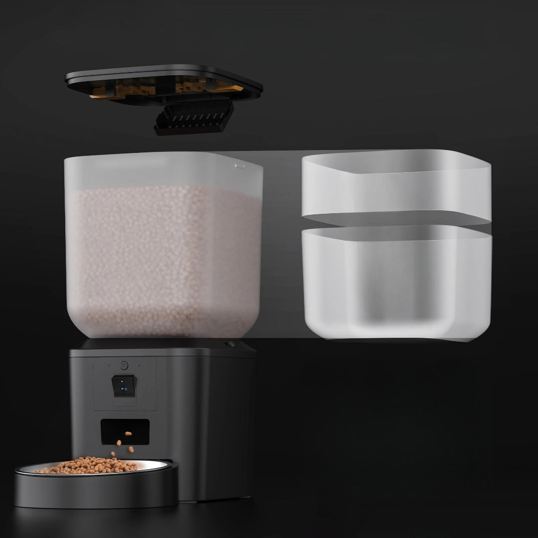 Smart automatic pet feeder with HD camera, 8L capacity, feeding a dog remotely
