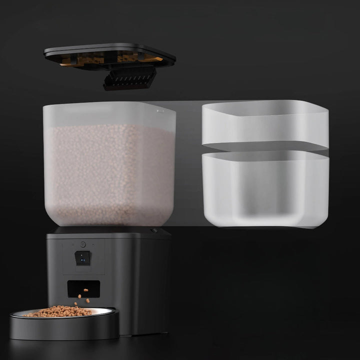 Smart automatic pet feeder with HD camera, 8L capacity, feeding a dog remotely