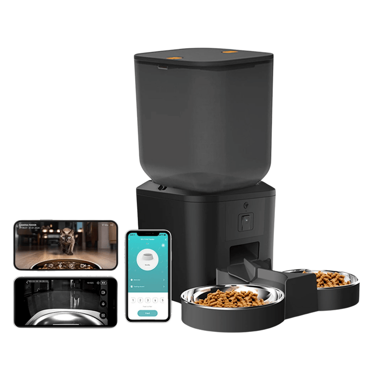 WiFi-enabled smart pet feeder with integrated HD camera for remote monitoring of cats