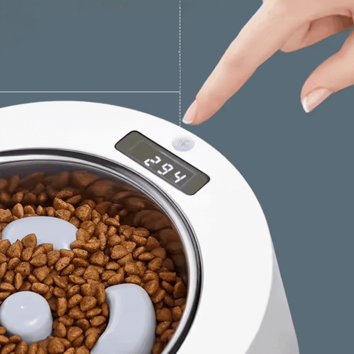 Smart dog and cat feeding bowl, automatic dispenser with easy-to-read screen.