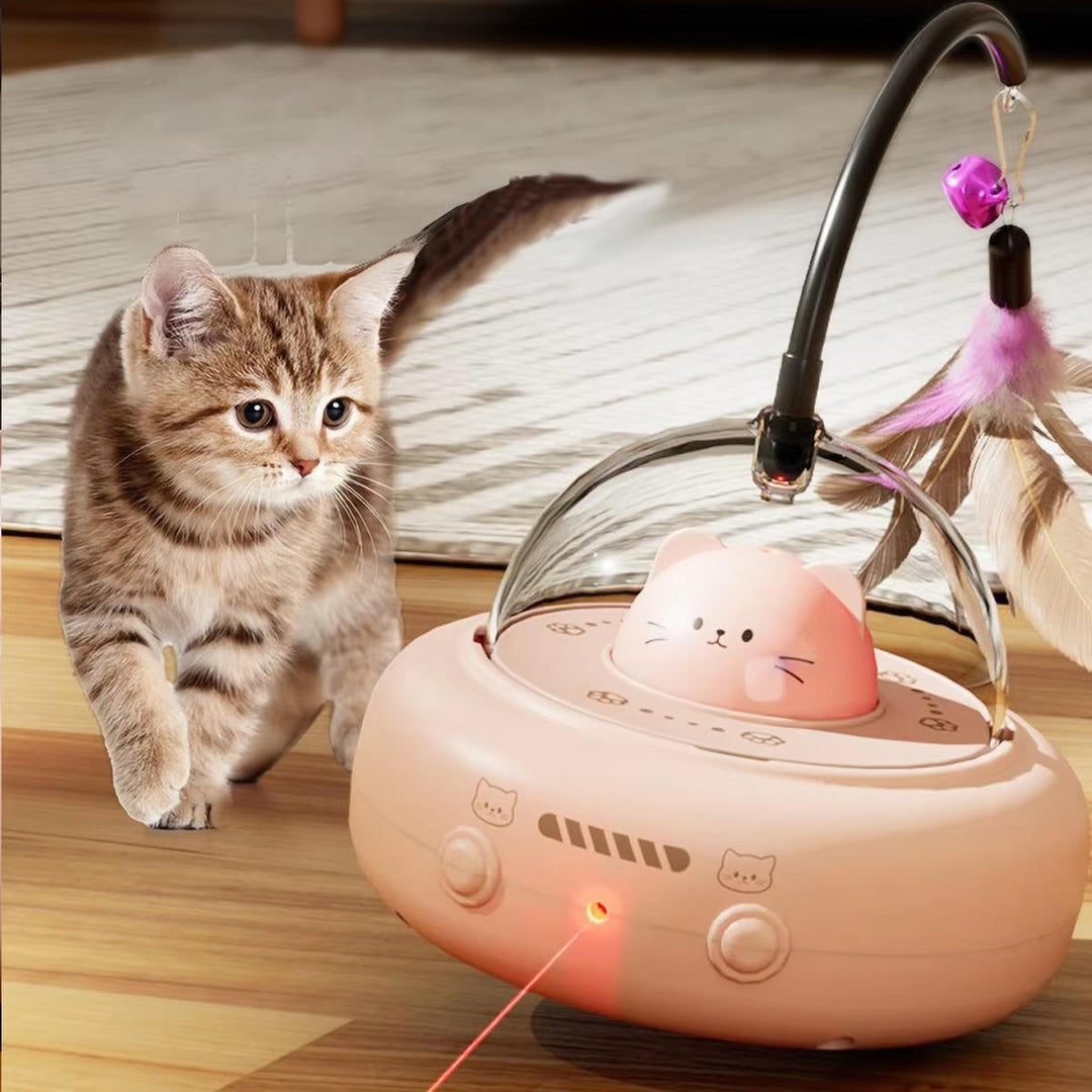 Smart interactive cat laser toy with feather and bells for pet exercise and enrichment
