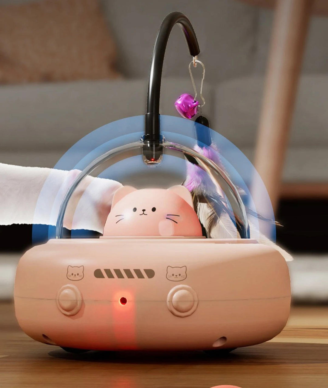 Interactive cat laser toy featuring a spinning feather with bells for engaging feline play
