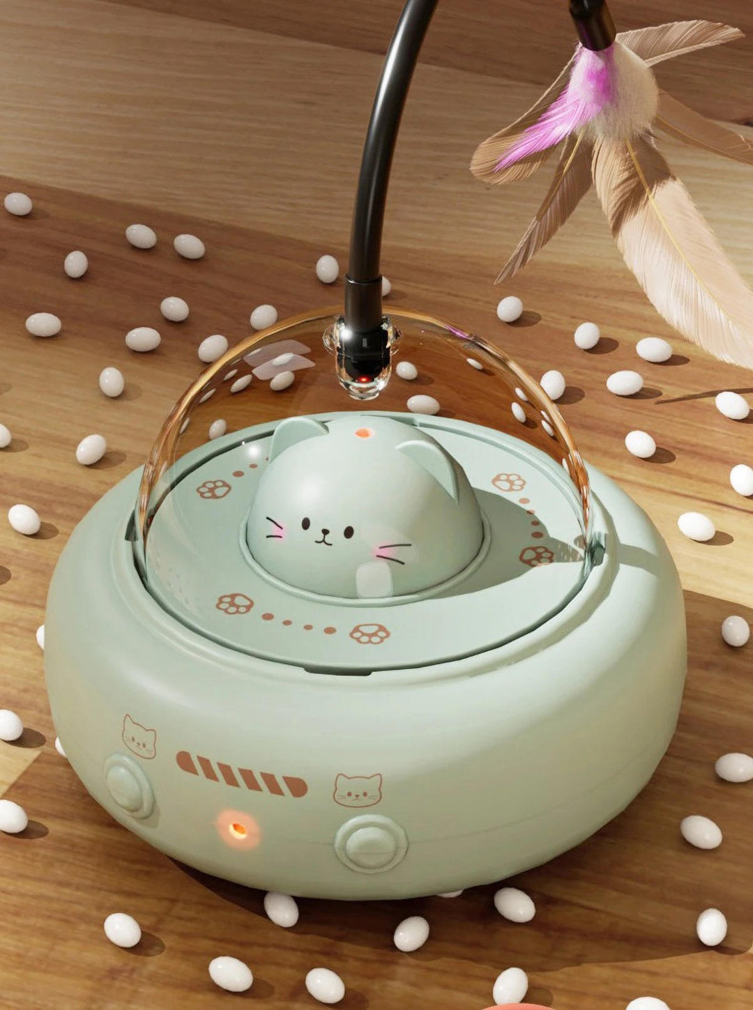 Smart pet enrichment laser toy with feather and bell accessories, perfect for active cats