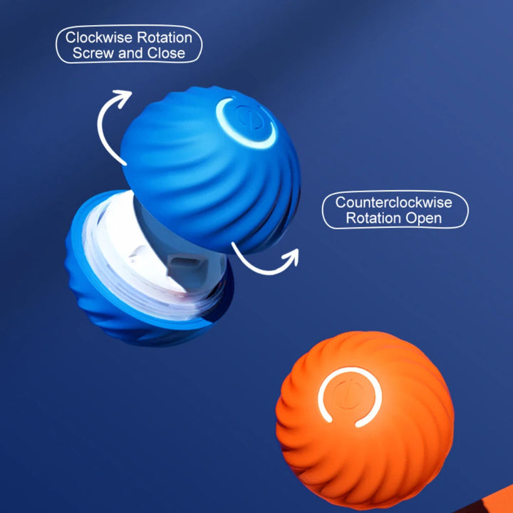 Dog playing with a smart interactive rolling pet toy, blue and yellow, for daily exercise