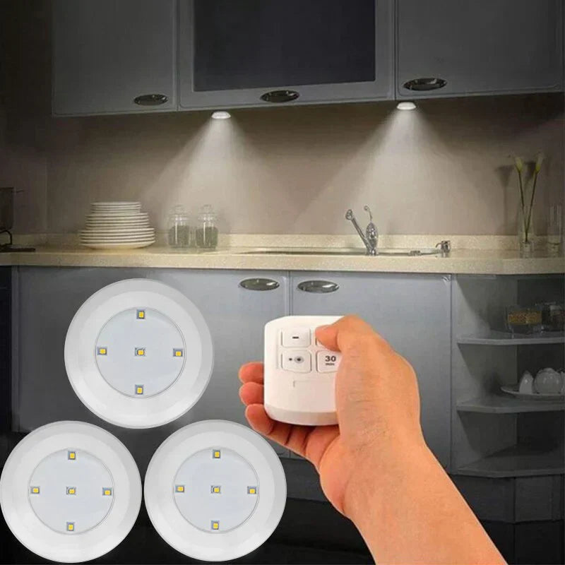 Smart LED puck lights with remote control for under cabinet lighting. Easy install, battery operated.