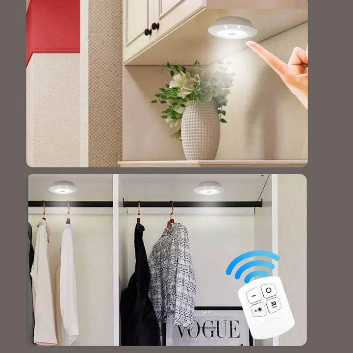 Dimmable wireless LED puck lights with remote for easy control. Perfect for home cabinet lighting.