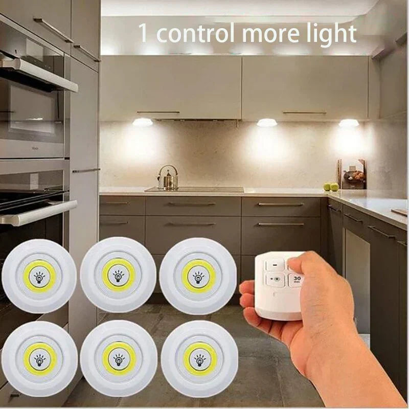 Battery operated LED puck lights, easy to install for under cabinet & closet lighting. Remote control.