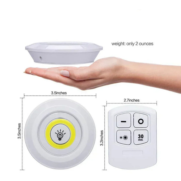 Set of LED puck lights for cabinet, closet, or kitchen under cabinet lighting. Wireless & dimmable.