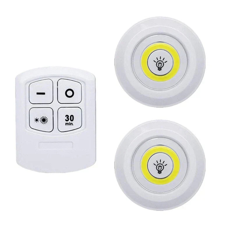 Remote controlled, easy-install LED puck lights for bright under cabinet, shelf, or closet lighting.